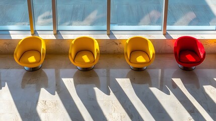 Modern chairs in a bright atrium a stylish seating display with shadows