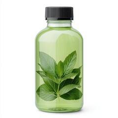 Green Bottle with Fresh Leaves Displayed Inside for Healthy Living