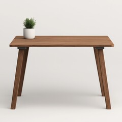 Modern Wooden Table with Potted Plant Against Neutral Background