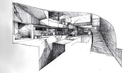 Intricately Detailed Hand-Drawn Sketch: Modern Architectural Interior Design Concept. AI Generated