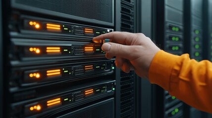 technician in an orange sweatshirt carefully modifies server settings within a dimly lit data center filled with rows of equipment
