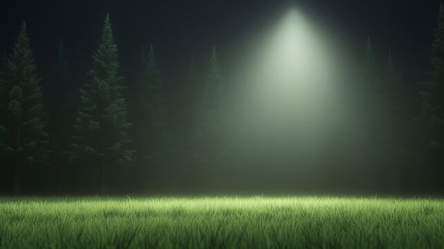 Misty Forest Glade at Night Serene Illuminated Grassland