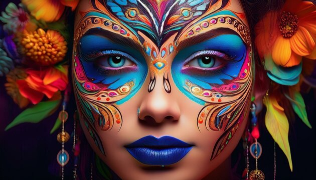Vibrant and creative face painting featuring intricate floral motifs, showcasing artistic expression.