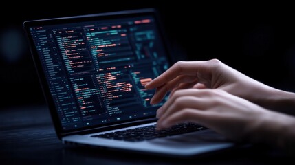 Late-night coding session featuring a persons hands actively typing on a laptop, showcasing vibrant code on the screen against a dark backdrop. environment focused on software development