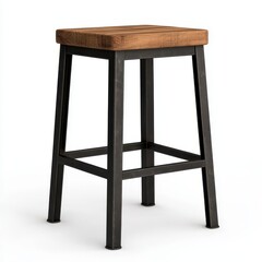 Minimalist Wooden Bar Stool with Metal Frame on White Background