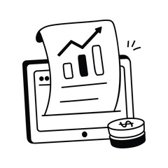 A tablet displaying an industry report with upward trending charts and a coin with a dollar sign