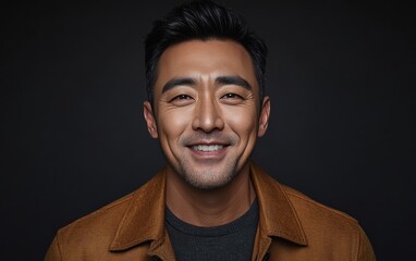 Obraz premium Asian man with a smile on his face is wearing a suit and a shirt in studio color background