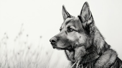 A German Shepherds strong form and classic coloring evident as it stands quietly, white background