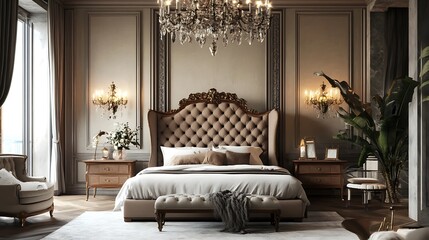 Elegant Bedroom Suite 3D Render: Luxurious Interior Design. AI Generated