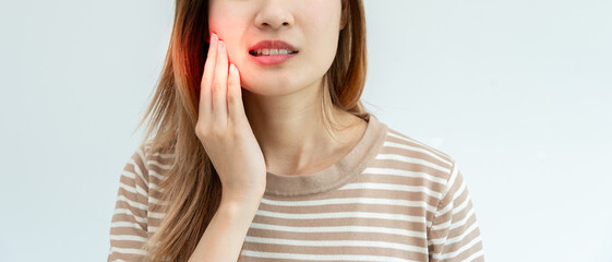 Asian woman feel toothache from gingivitis, female suffer tooth, decay problems, dental care....