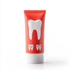 Bright Red Toothpaste Tube with Whimsical Tooth Graphic Design