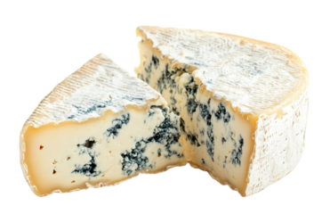 Creamy gorgonzola cheese with a slice cut out, isolated on transparent cutout background
