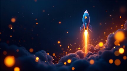 Futuristic Low-Poly Rocket Launching Through Starry Night Sky, Intense Glowing Trail, Dramatic Bokeh Lights