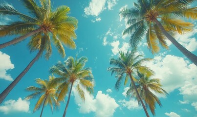 A vibrant sky view through palm trees, evoking a tropical paradise.