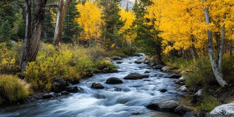 Autumn colors of yellow and green showcase a vibrant forest where a river flows gracefully, embodying the beauty of an autumn forest with its stunning yellow and green hues.