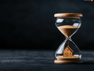 An hourglass with a miniature house symbolizes the passage of time in life and home.