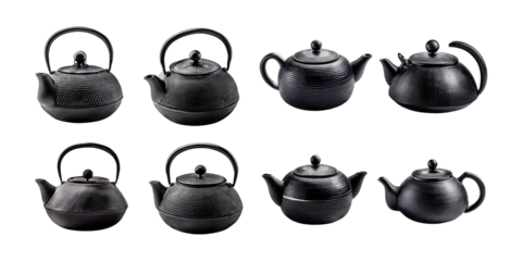 Collection of Black Teapots on Transparent Background