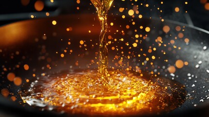 Golden oil pouring into a hot pan, creating splashes and ripples.