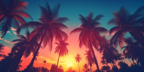 Silhouettes of coconut palm trees at sunset create a stunning tropical island scene, enhanced by color toning that adds to the beauty of this tropical island atmosphere.