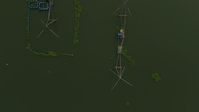 Chinese fishing nets or cheena vala are a type of stationary lift net top view,in Kumbalangi, Chellanam, Ernakulam, God's own country, Kerala tourist places
