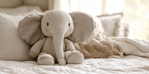 Adorable baby elephant stuffed animal resting on a white quilt, surrounded by soft textures and rustic burlap, perfect for enhancing any cozy space featuring a cute baby elephant theme.