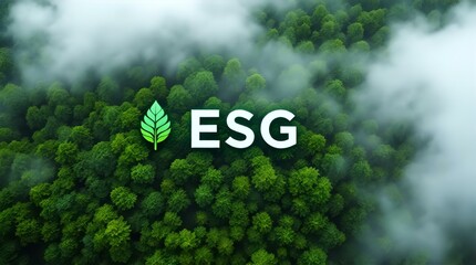 Aerial View of a Misty Forest with ESG Acronym and Green Leaf Symbol, Representing Environmental, Social, and Governance Principles