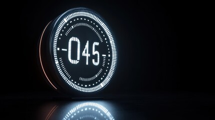 Fototapeta premium Futuristic digital countdown timer showing -045 seconds on a dark background.
