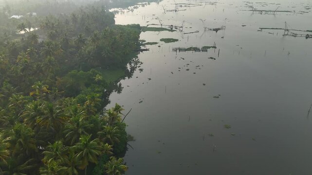 Kerala travel and tourism background, Beautiful sunrise scene of Kerala, Lake in Kumbalangi, Chellanam, Ernakulam, God's own country, Kerala tourist places