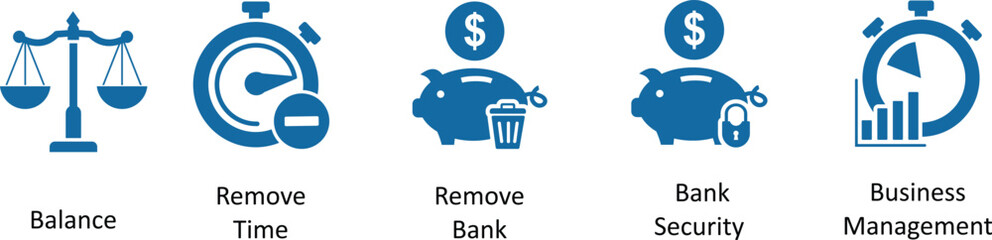 A set of 5 business icons as remove bank, remove time, balance