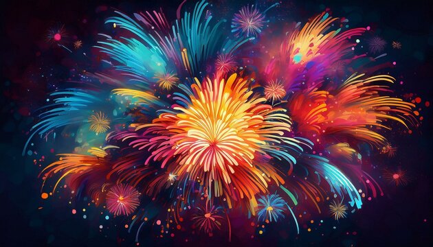 Brilliant fireworks exploding in a dazzling display of vibrant colors against the night sky.