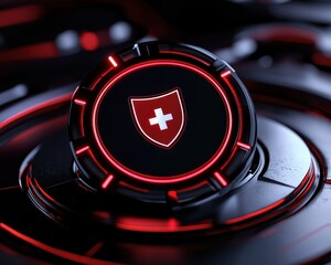 Futuristic shield icon representing security with red accents on a dark background.