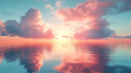 Obraz premium Pink sunset reflected on calm ocean water.
