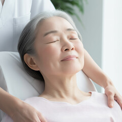 Senior Asian Woman Relaxing During Recovery Session - Wellness and Professional Healthcare Care