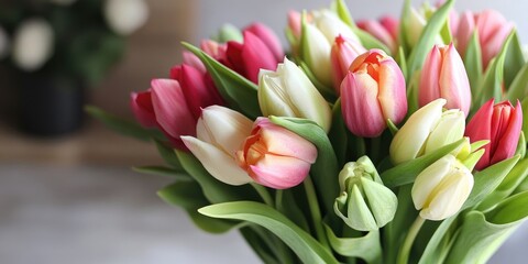 Obraz premium Vibrant bouquet of beautiful tulips ideal for Valentine s Day, International Women s Day, and Mother s Day celebrations, showcasing the charm and elegance of tulips to express love and appreciation.