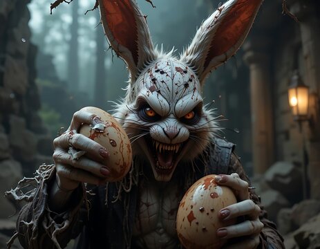 A terrifying Easter Bunny with bloody eggs in a dark forest setting, a chilling digital painting of a nightmare Easter