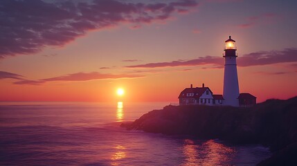 Majestic Lighthouse Sunset Coastal Photo. AI Generated
