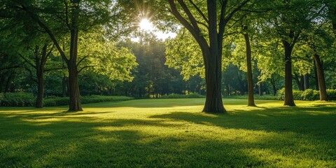 Obraz premium Serene nature scene featuring a lush forest with tall trees in a tranquil park setting, showcasing the beauty of nature and the vital role of trees in the environment.