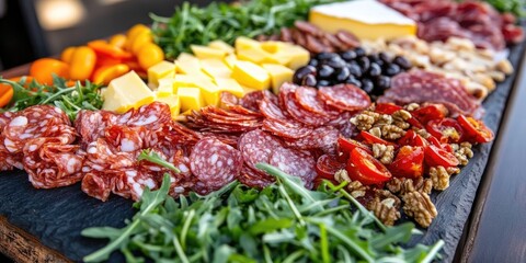 Fototapeta premium Vibrant tapas board featuring an array of colorful charcuterie alongside cheese and smoked meats, beautifully garnished with fresh arugula and crunchy walnuts for an enticing presentation.