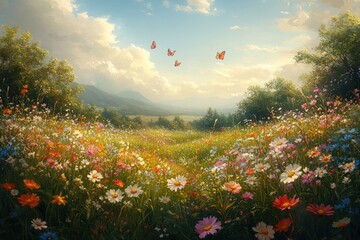 Idyllic meadow, colorful wildflowers, butterflies, mountains.