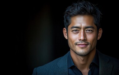 Fototapeta premium Asian man with a smile on his face is wearing a suit and a shirt in studio color background
