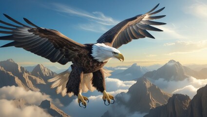 Obraz premium A majestic bald eagle, symbolizing freedom and adventure, spreads its broad wings, soaring above a rugged mountain range, its snow-white feathers and sharp talons momentarily camouflaged as it merges 