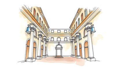 Elegant Hand-Drawn Courtyard Illustration. AI Generated
