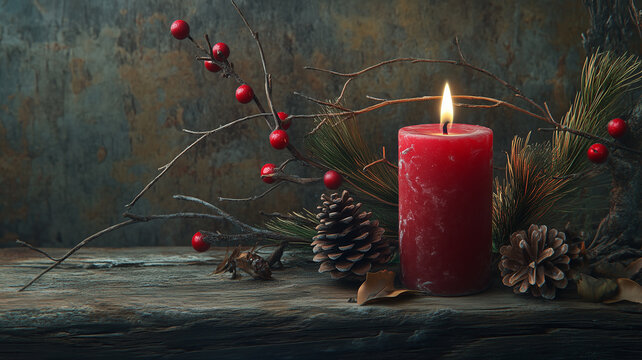 Red candle with pinecone decoration. Christmas greeting card template. Ai image - Powered by Adobe