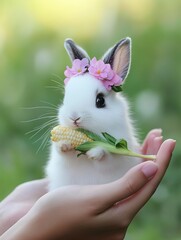 Adorable Baby Bunny with Corn and Flower Crown