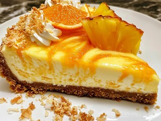 Tropical Paradise Pie: A slice of creamy, citrusy heaven with a golden crust, topped with fresh pineapple and orange slices. A delightful dessert for any occasion. 
