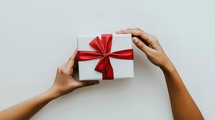 Gift of Love: A pair of hands gently holds a beautifully wrapped gift, adorned with a vibrant red bow. The image evokes feelings of anticipation, affection, and the joy of giving.