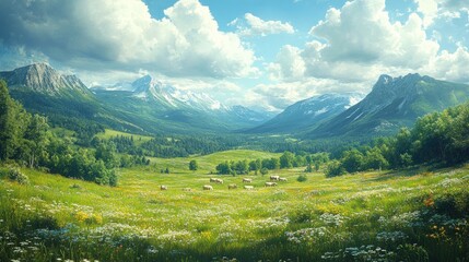 Obraz premium Idyllic mountain valley, wildflowers, grazing animals.