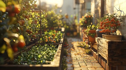Obraz premium Rooftop Garden: Rooftop Vegetable Garden Growing Fresh Produce