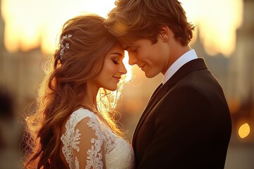 A bride and groom are embracing each other in a wedding photo