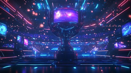 Cyberpunk Trophy: Vivid 3D Render, Glowing Arena. AI Generated